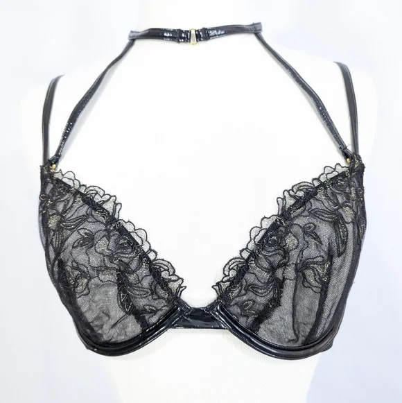 Victoria's Secret Very Sexy Demi Bra 34D New Sheer Low Cut Faux Leather Halter